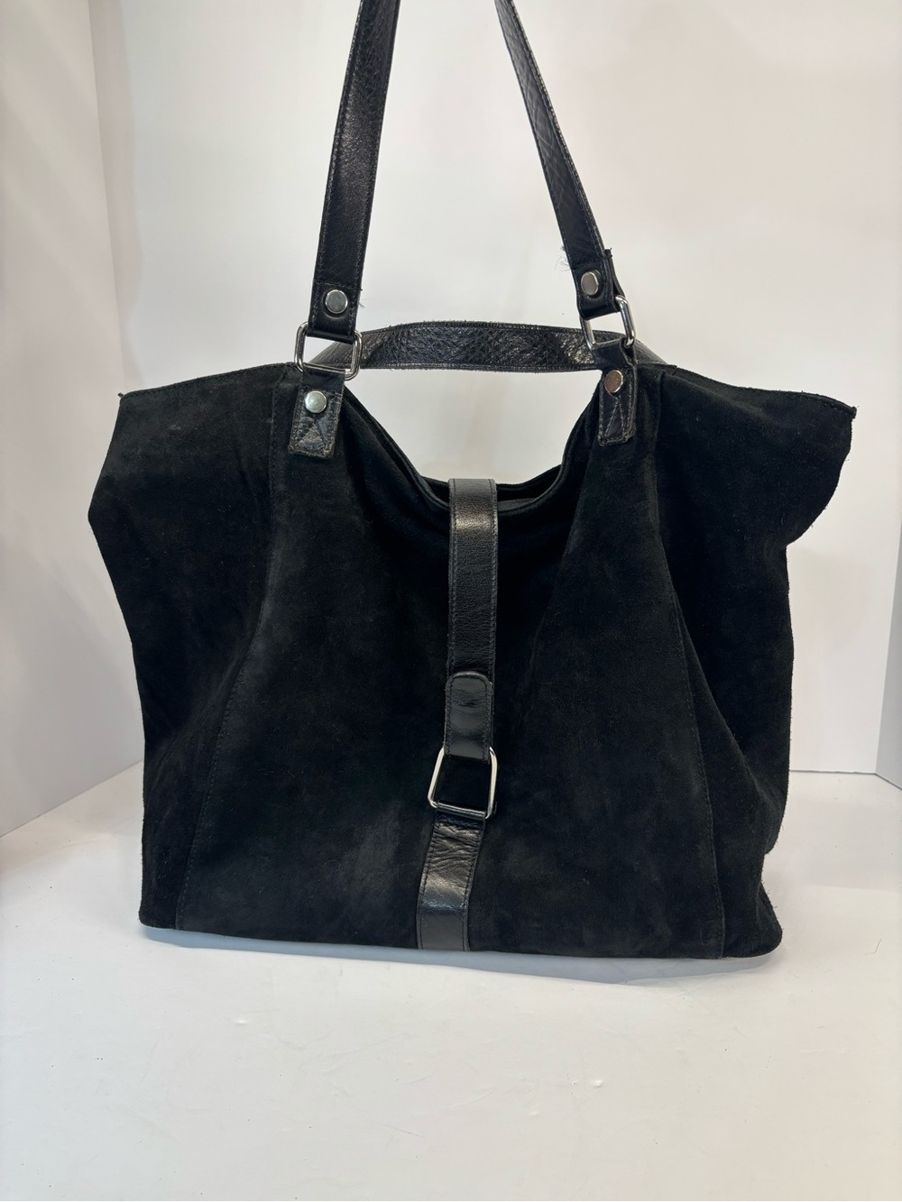 Black Suede Tote Bag with Leather Trim